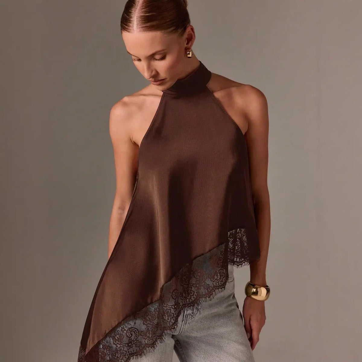 Satin Halter Neck Asymmetrical Top