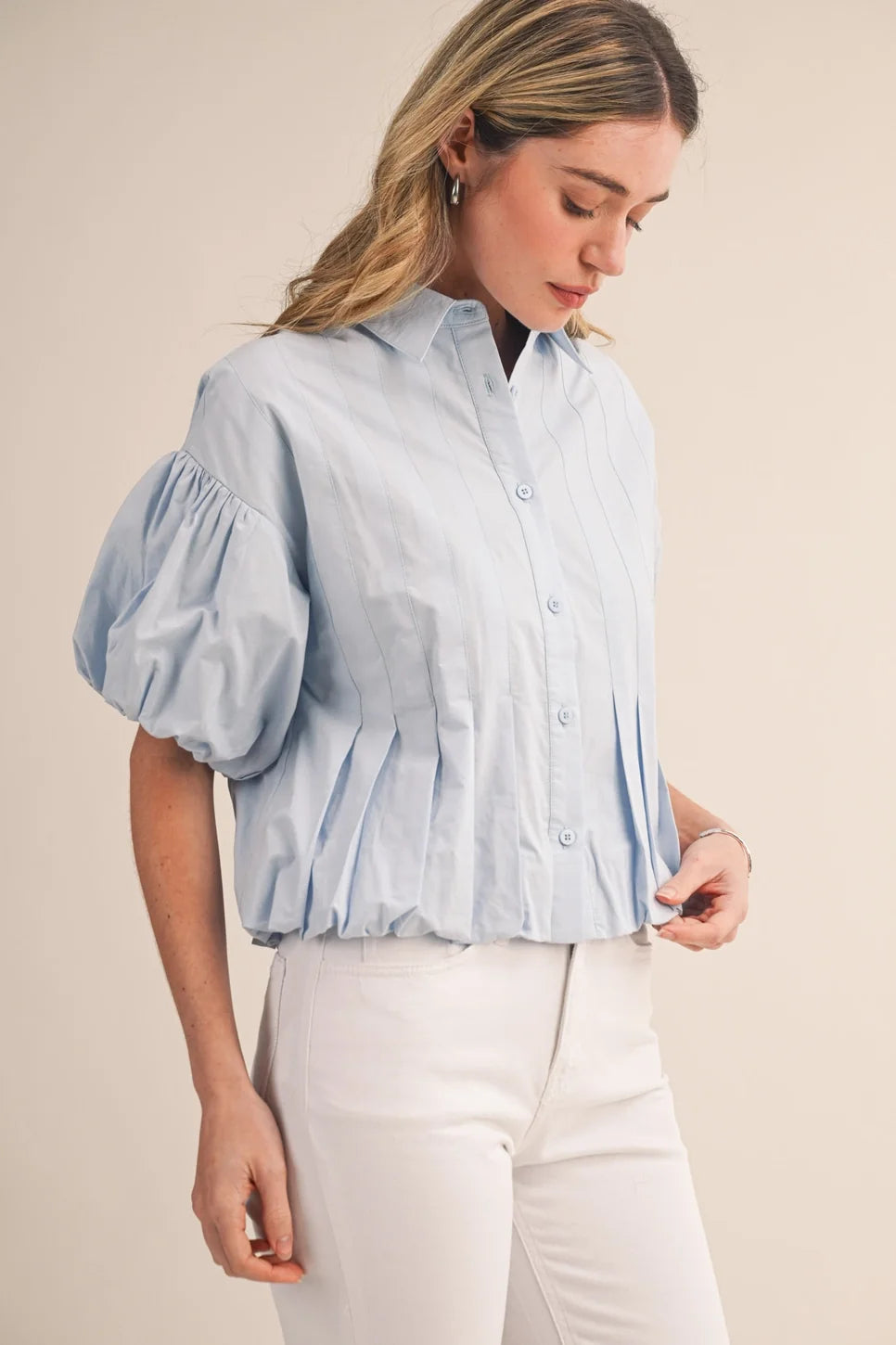 Pleated Bubble Hem Button Down