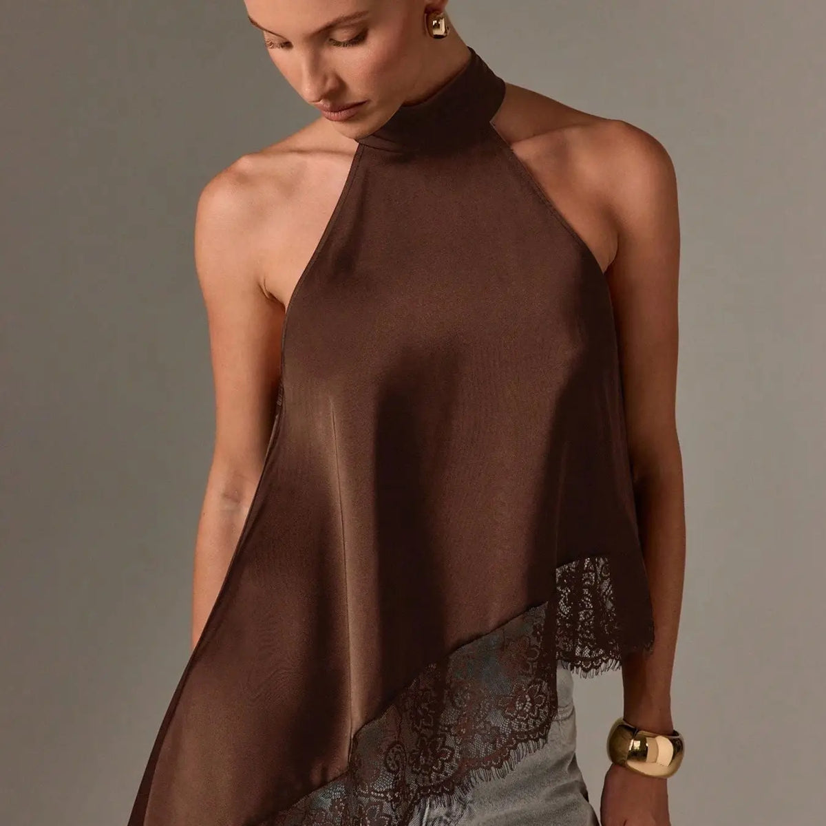 Satin Halter Neck Asymmetrical Top