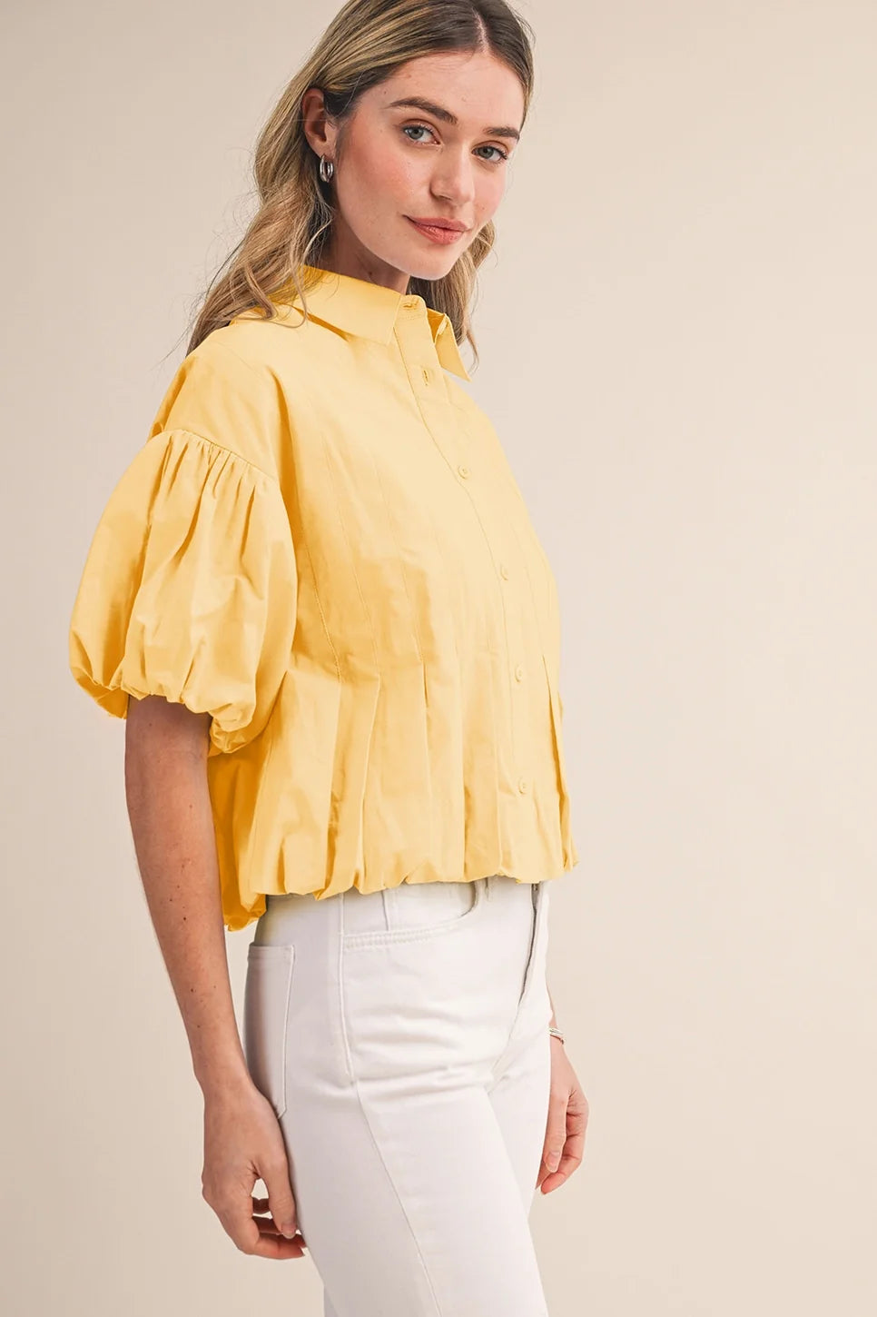 Pleated Bubble Hem Button Down