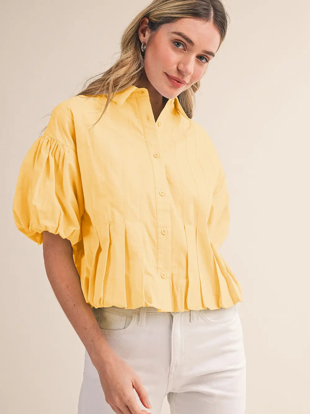 Pleated Bubble Hem Button Down