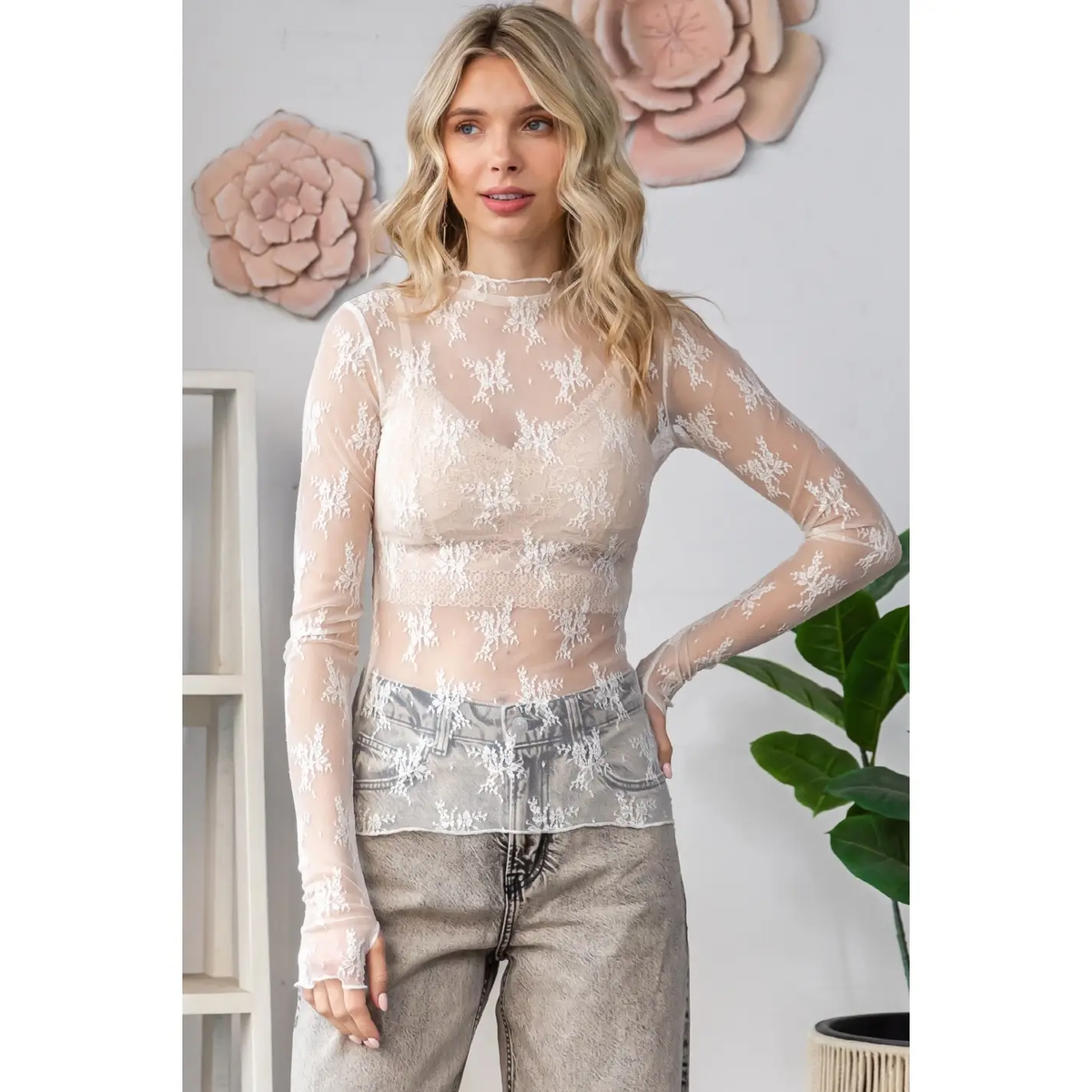 Lace Long Sleeve See Through Top
