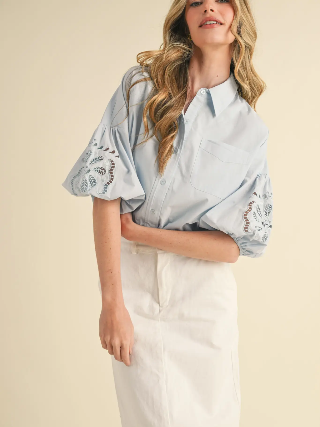 Embroidered Bubble Sleeve Top