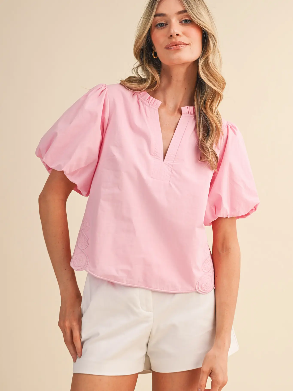 Bubble Sleeve Top with Side Embroidery