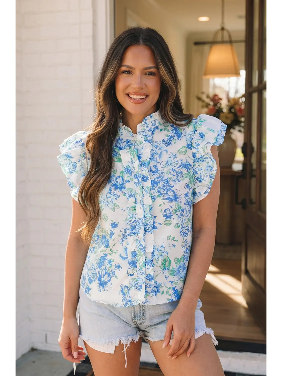 Floral Print Ruffle Sleeve Blouse