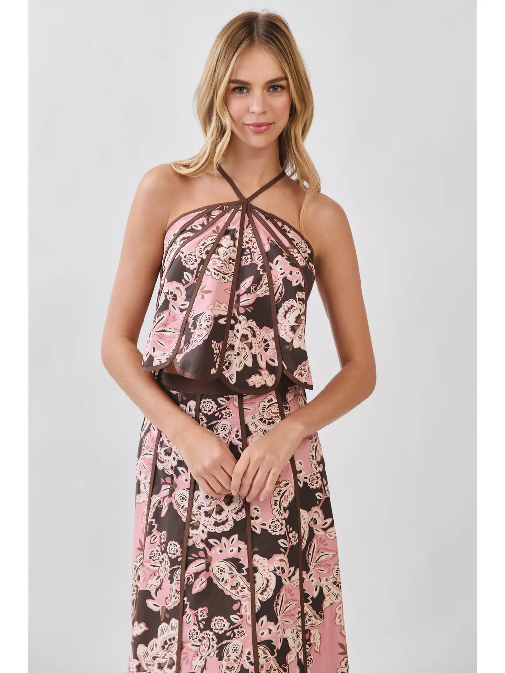 Floral Print Paneled Detail Halter Crop Top
