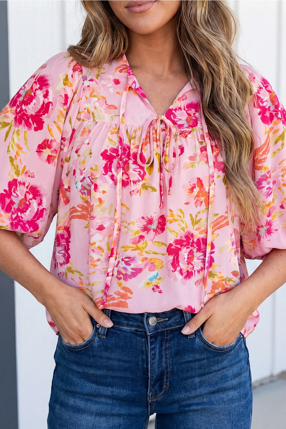 Floral Print Tie Blouse