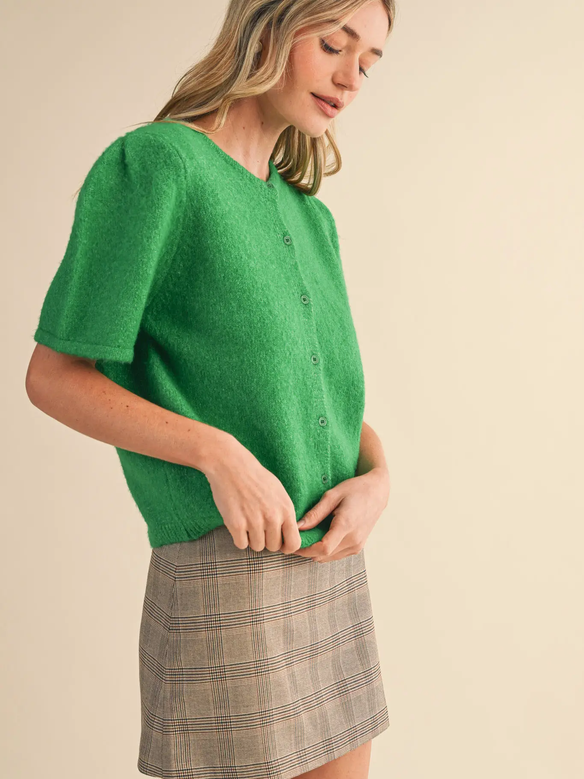 Short Puff Sleeve Sweater Cardigan