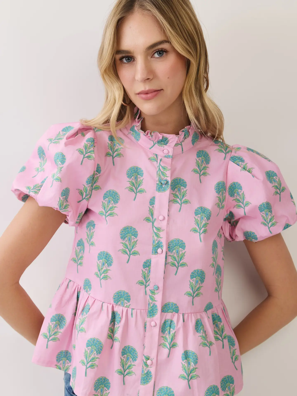 Floral Print Button Down Peplum Blouse
