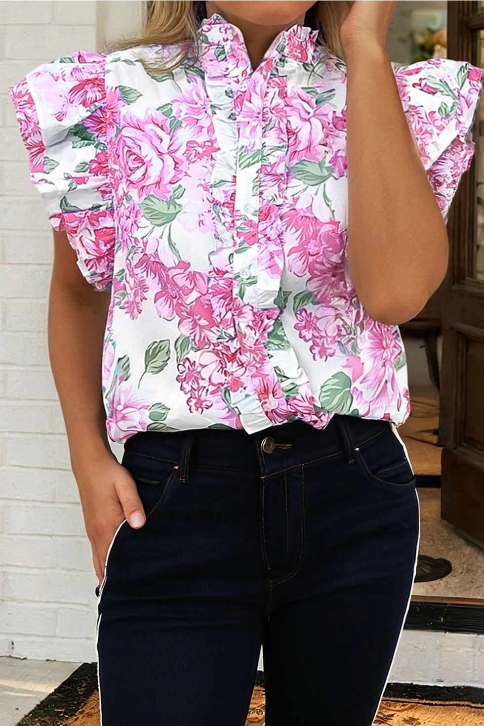 Floral Print Ruffle Sleeve Blouse