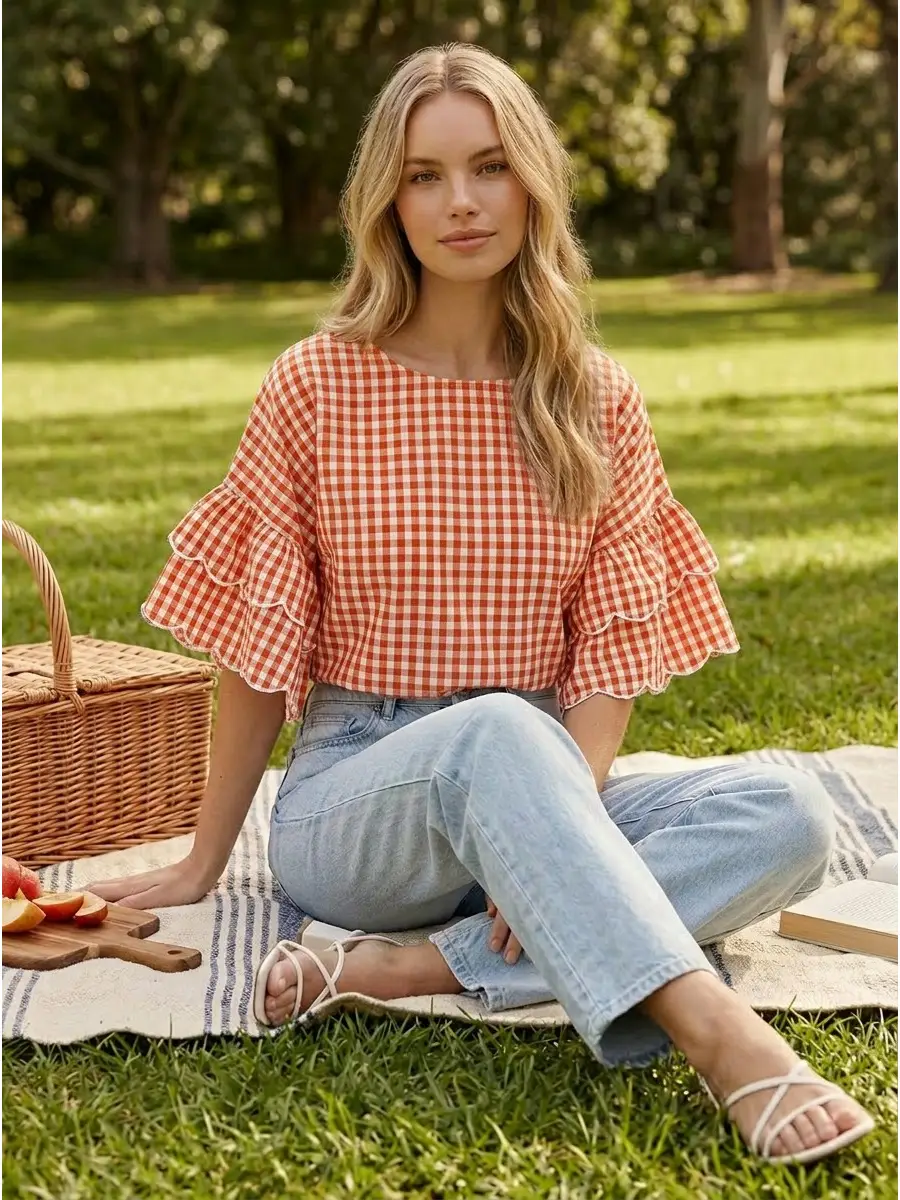 Gingham Ruffle Sleeve Top