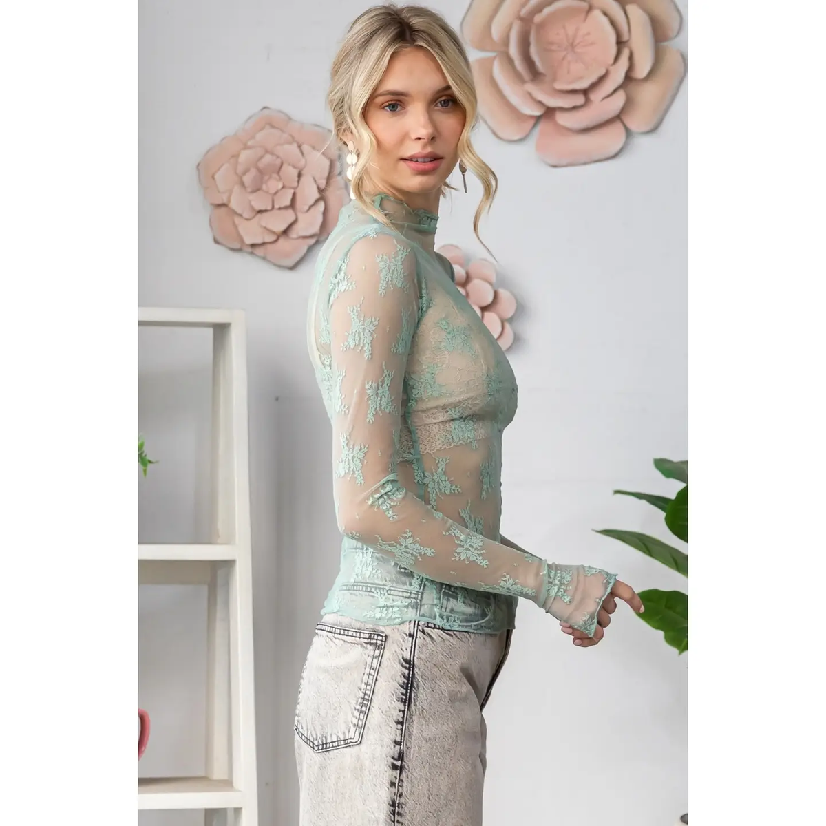 Lace Long Sleeve See Through Top