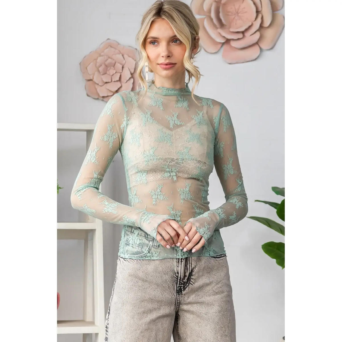 Lace Long Sleeve See Through Top